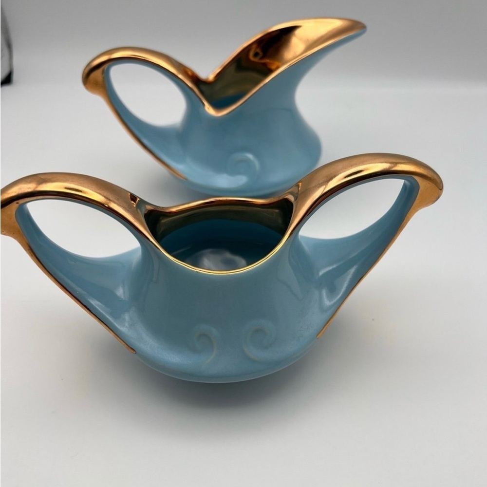 Vintage bsugar bowl & creamer blue and gold pearl china company 22K Gold Trim